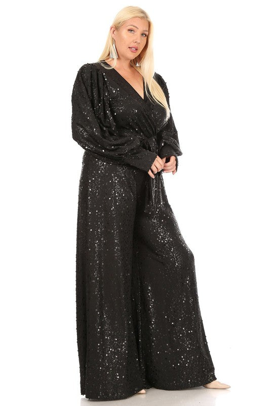 sequence jumpsuit with pockets ready for the holiday.