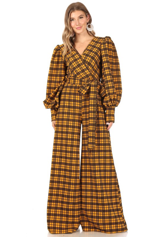 Plaid jumpsuit with neckline and flared legs.
