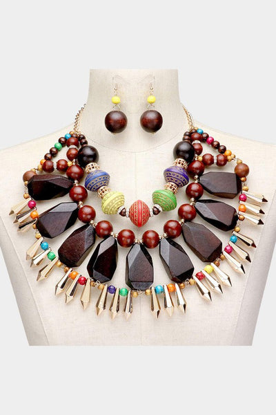 Geometric Wood Collar Metal Spike Necklace