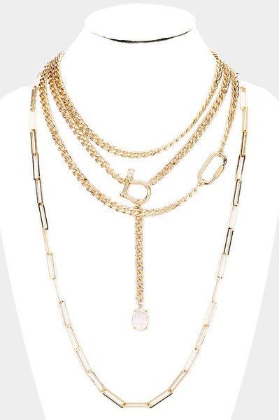 Oval Stone Metal Chain Layered Bib Necklace