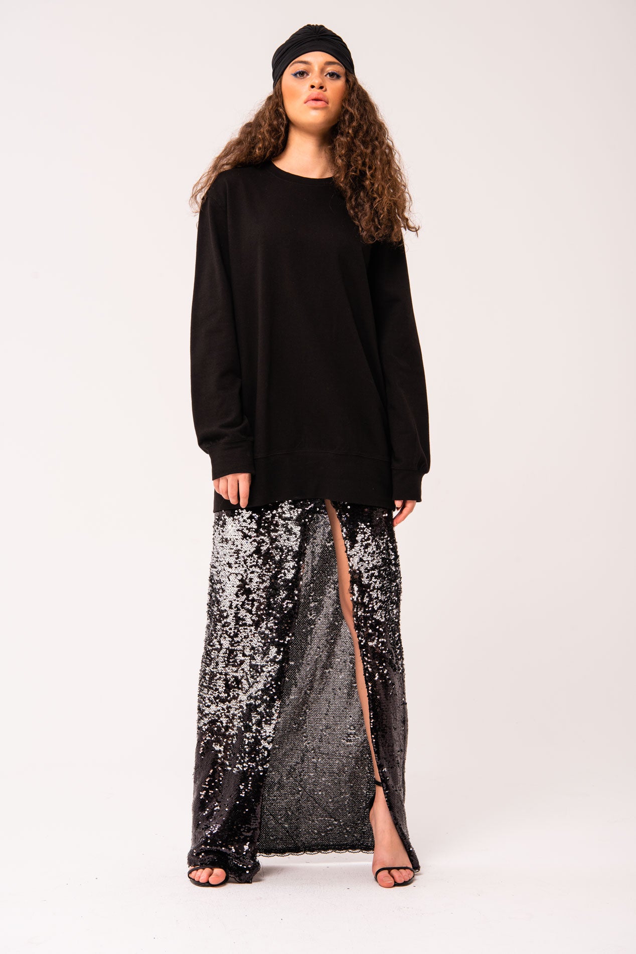 BLACK SEQUIN SPLIT-FRONT MAXI SKIRT