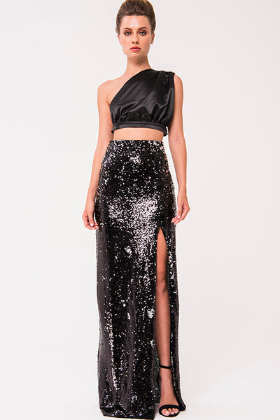 BLACK SEQUIN SPLIT-FRONT MAXI SKIRT