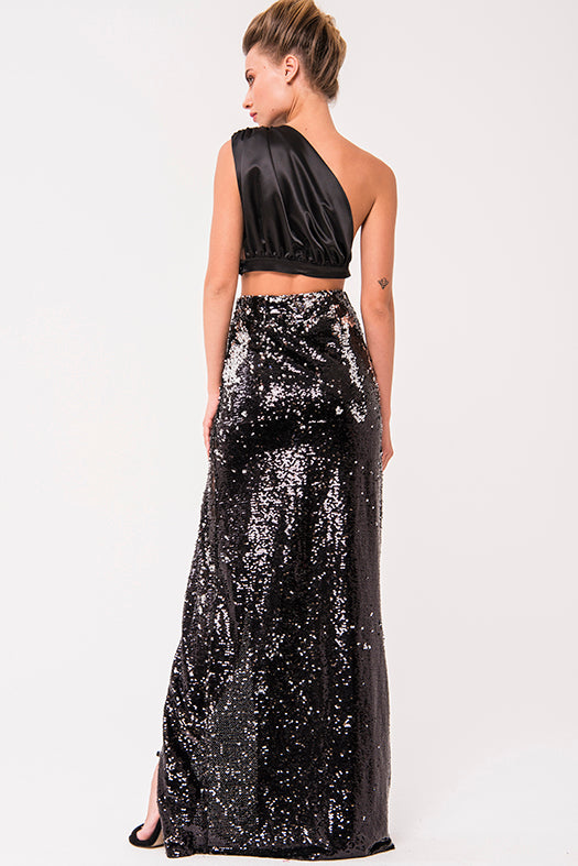 BLACK SEQUIN SPLIT-FRONT MAXI SKIRT