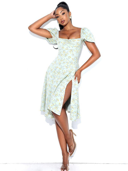 Netty Avocado Green Floral Puff Sleeve Midi Dress