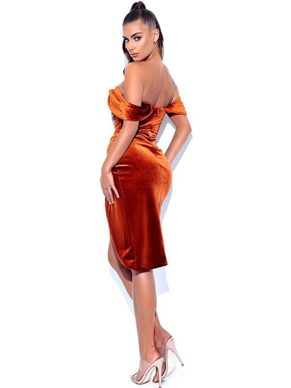 Omaria Tan Velvet Off Shoulder Corset Dress