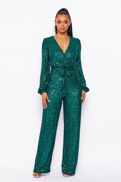 Long sleeved sequins jumpsuit with self tie belt