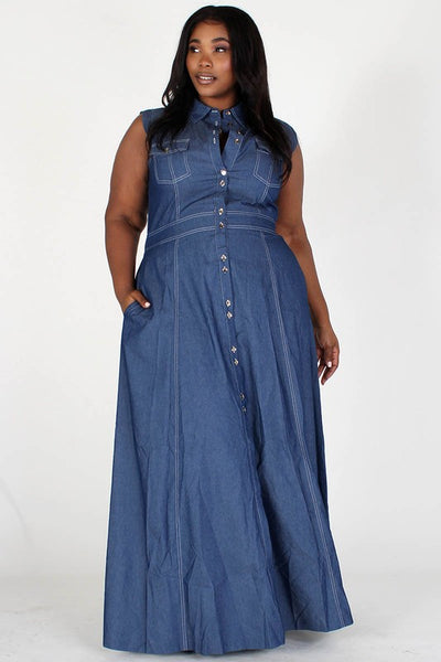 SLEEVELESS DENIM MAXI DRESS