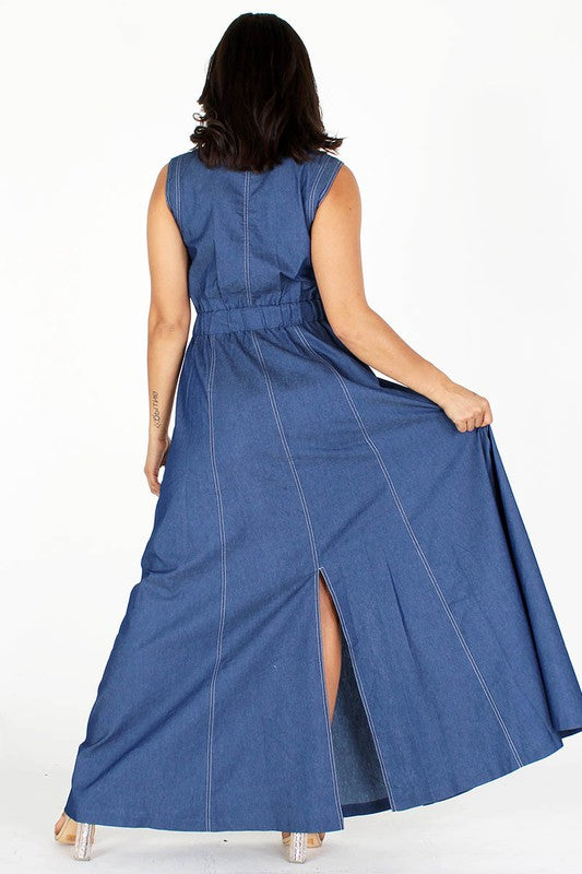 SLEEVELESS DENIM MAXI DRESS