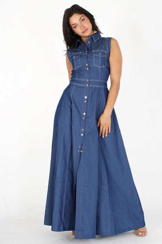 SLEEVELESS DENIM MAXI DRESS