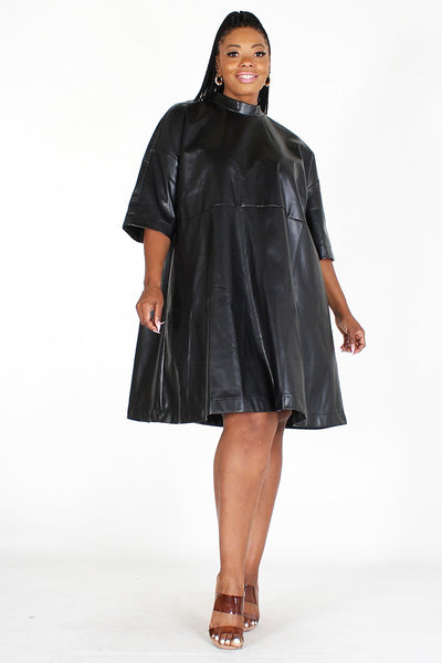 Faux Leather Below-The-Knee Dress