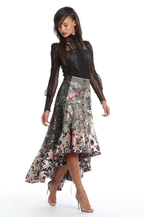 Convertible Embroidered Lace High Low Skirt