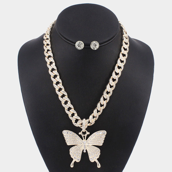 RHINESTONE EMBELLISHED BUTTERFLY PENDANT NECKLACE.