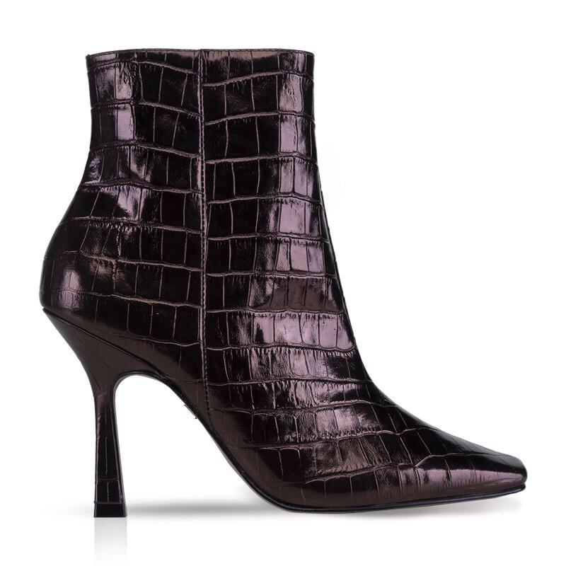 DONA-ANKLE BOOT SQUARE TOE EMBOSSED LEATHER CROCO METAL BROWN