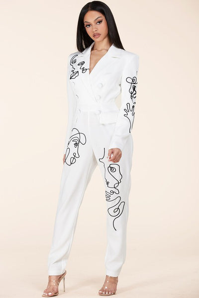 White Jumpsuit featuring a modern abstract design