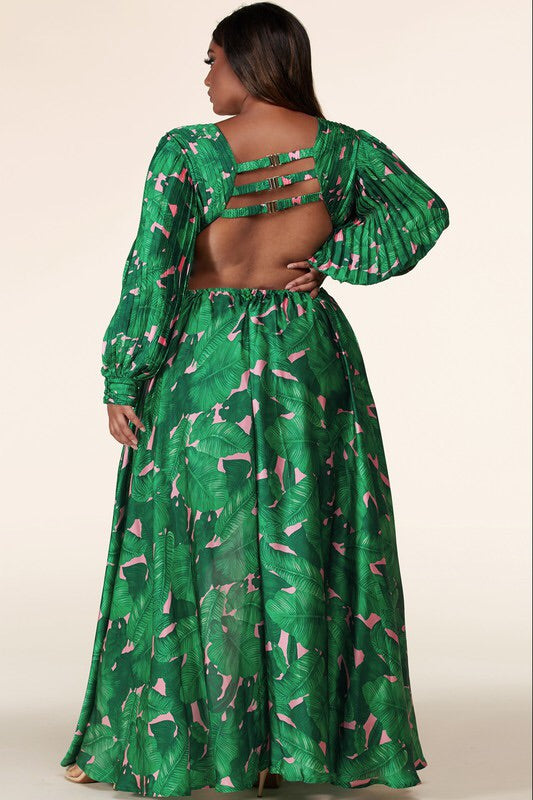 Tropical Leaf Print Plus Maxi Dress
