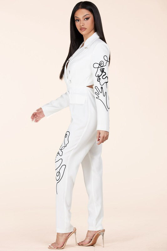 White Jumpsuit featuring a modern abstract design