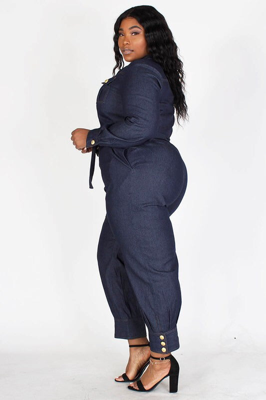 PLUS LONG SLEEVE DENIM JUMPSUIT.