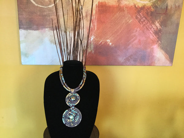 Spiral Circle Gem Fabric Necklace.