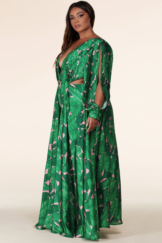 Tropical Leaf Print Plus Maxi Dress