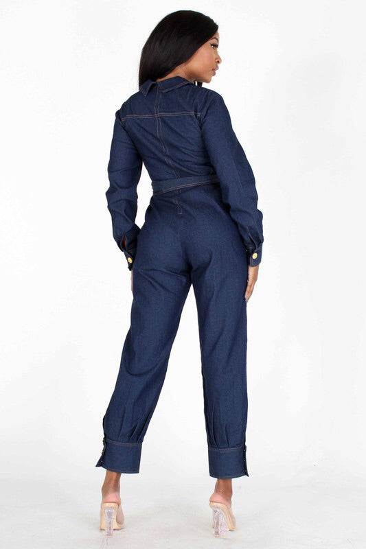 LONG SLEEVE DENIM JUMPSUIT.