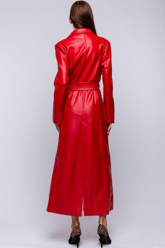 MAXI LENGTH FAUX LEATHER JACKET.