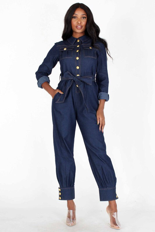 LONG SLEEVE DENIM JUMPSUIT.