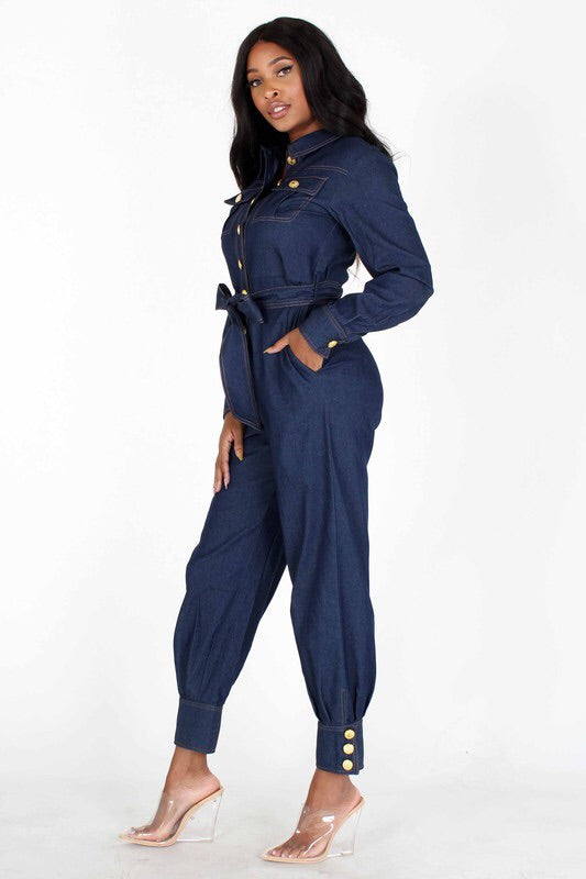 LONG SLEEVE DENIM JUMPSUIT.
