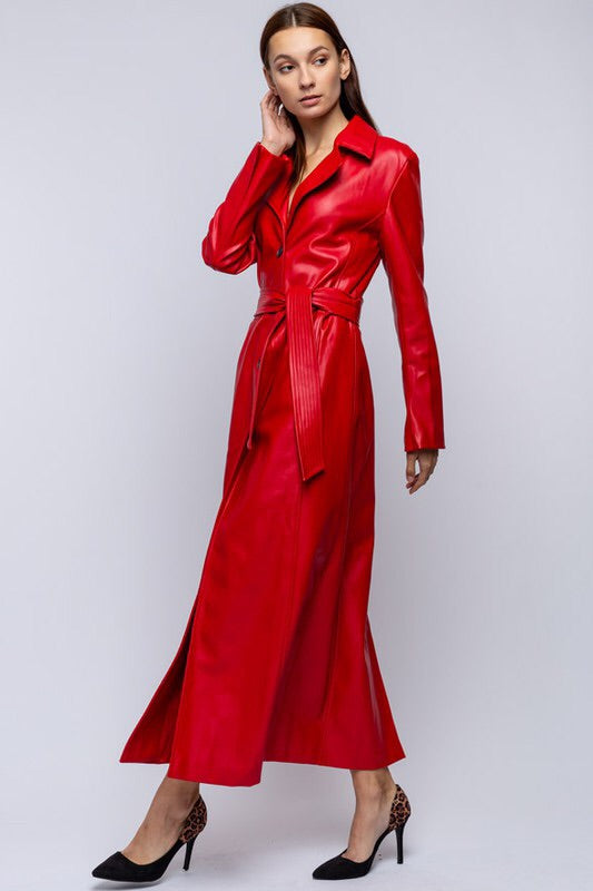 MAXI LENGTH FAUX LEATHER JACKET.