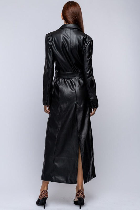 MAXI LENGTH FAUX LEATHER JACKET.
