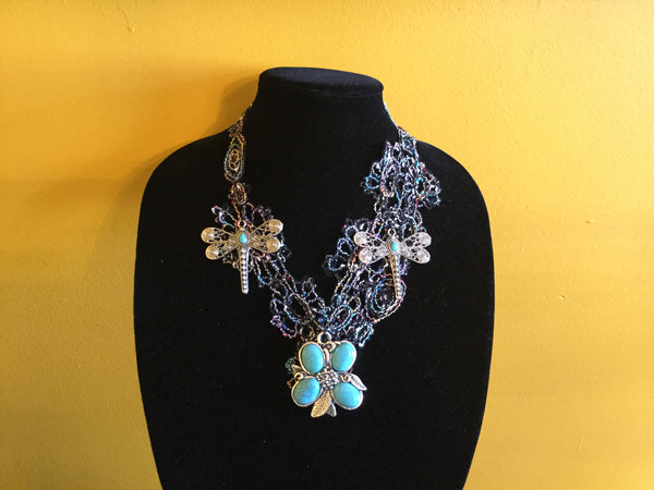 Crocheted Dragon Flies Necklace.
