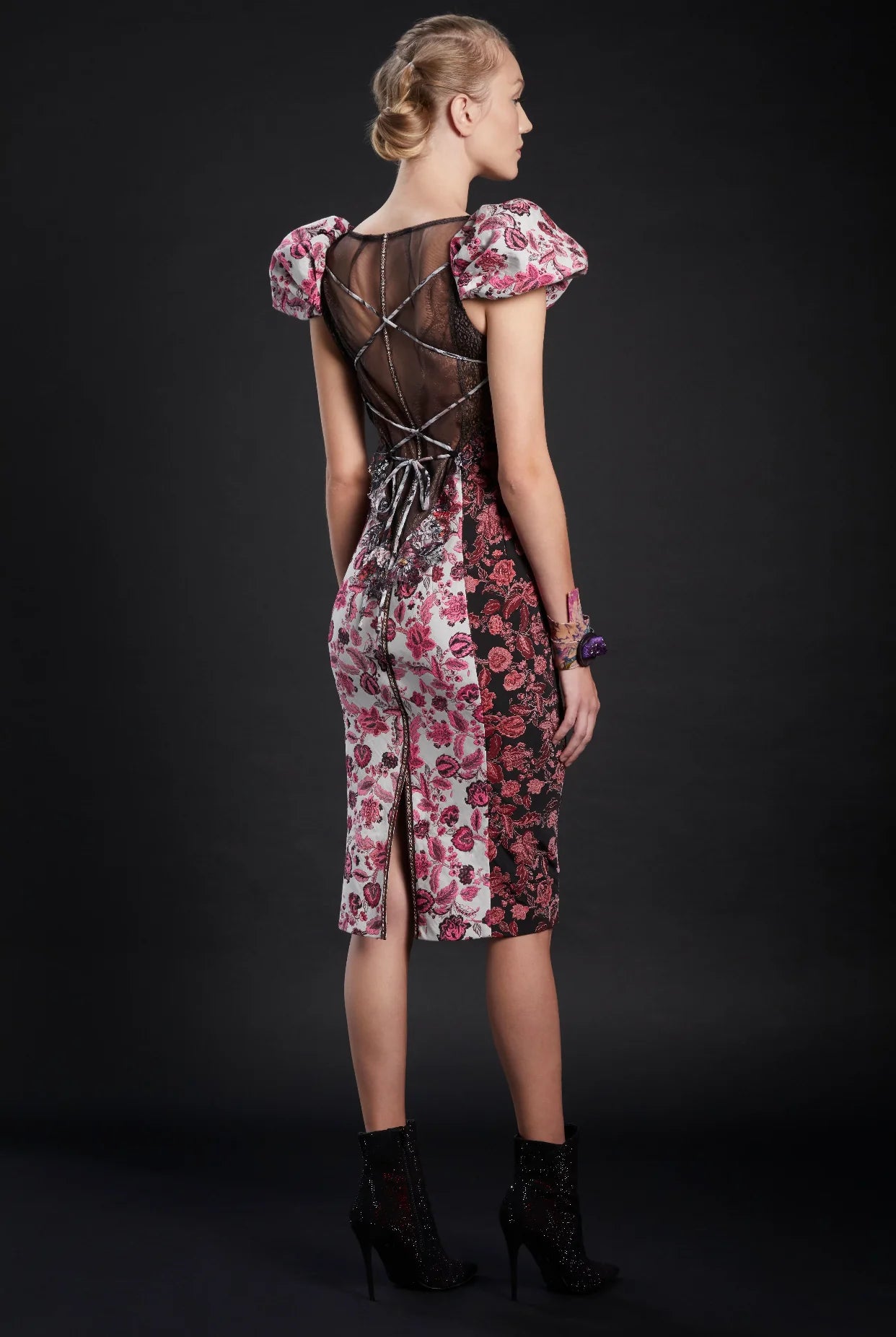 Brocade Puff-Sleeve Sheath w/Sheer Lace-Up Back
