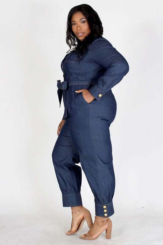 PLUS LONG SLEEVE DENIM JUMPSUIT.